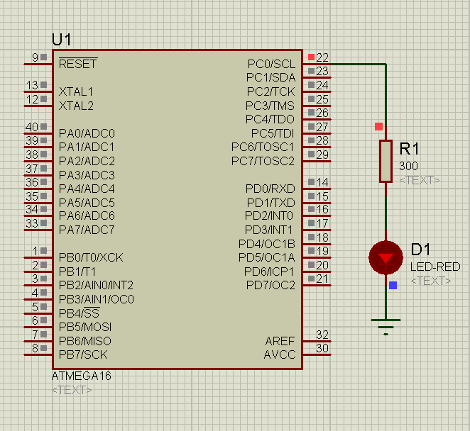 Схема подключения. ISIS Professional (Proteus 7) - Мигание светодиодом на ATmega16 (LED Blinking) — MicroPi (7)