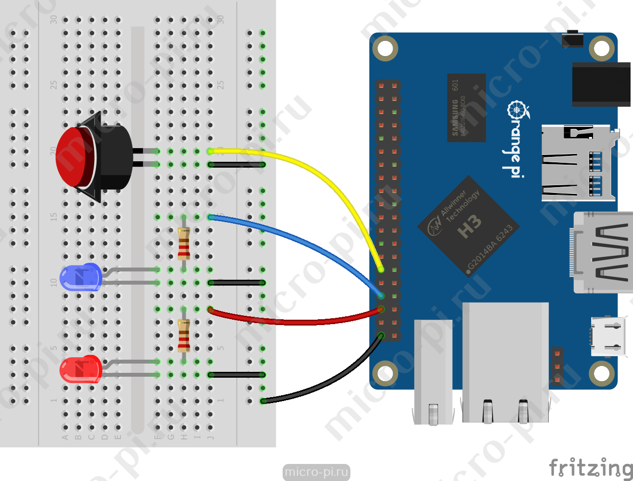Raspberry Pi и Pi4J. Урок 3. GPIO Триггеры - GpioSyncStateTrigger и GpioInverseSyncStateTrigger (Fritzing - Orange Pi One + Push Button + 2xLED)