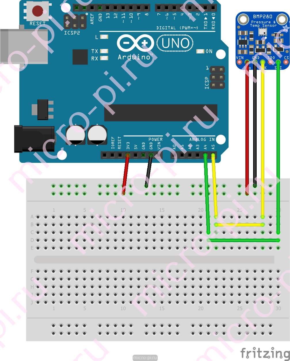Схема подключения BMP280 к Arduino UNO по I2C/TWI
