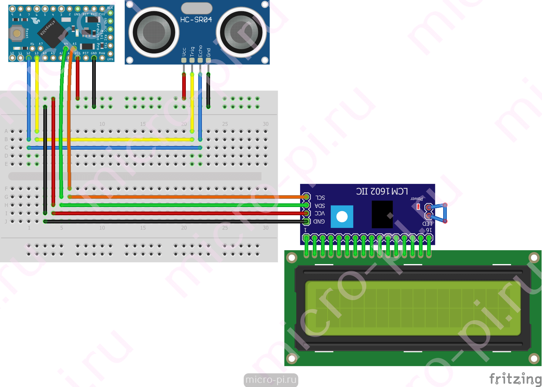 Схема подключения I2C PCF8574 LCD1602 и HC-SR04 к Arduino