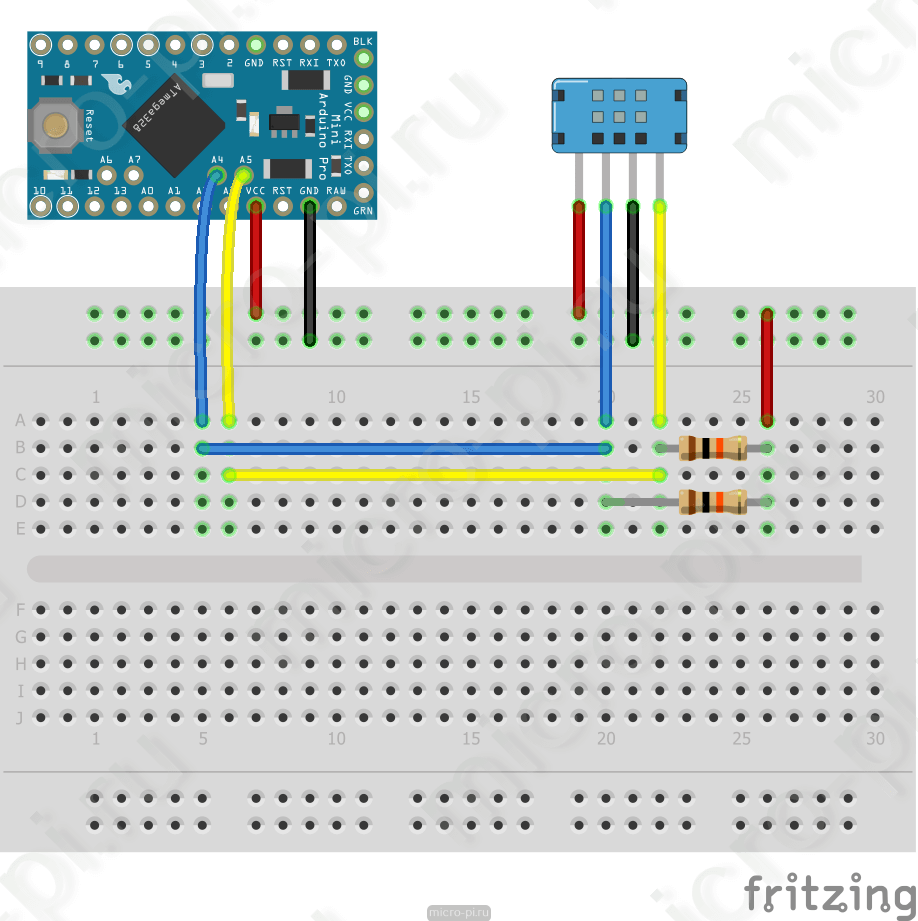 Схема подключения LCD1602 и DHT12 к Arduino Pro Mini