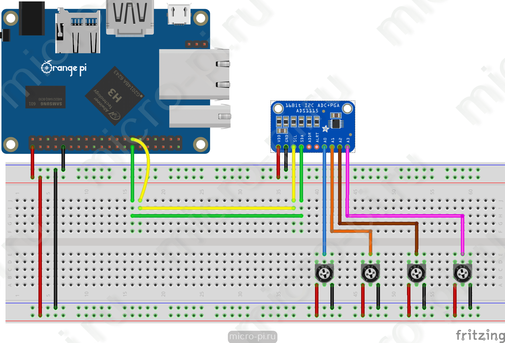 Схема подключения АЦП ADS1115 к Orange Pi