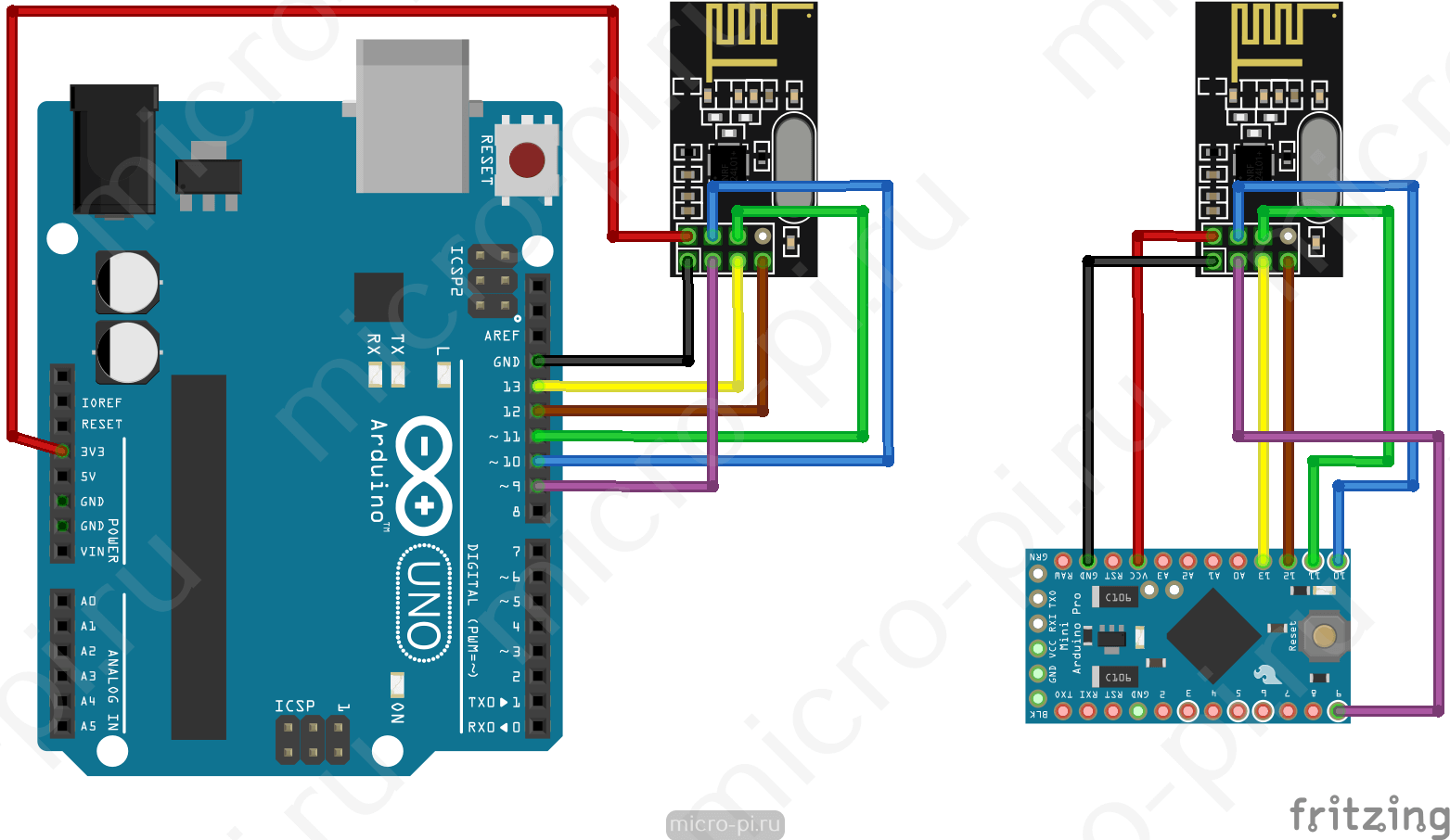 Обмен данными между двумя платами Arduino UNO и Pro Mini через nRF24L01+