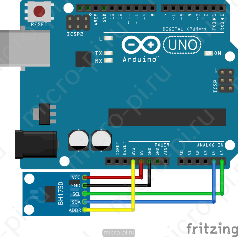 Схема подключения BH1750 к Arduino по I2C с ADDR