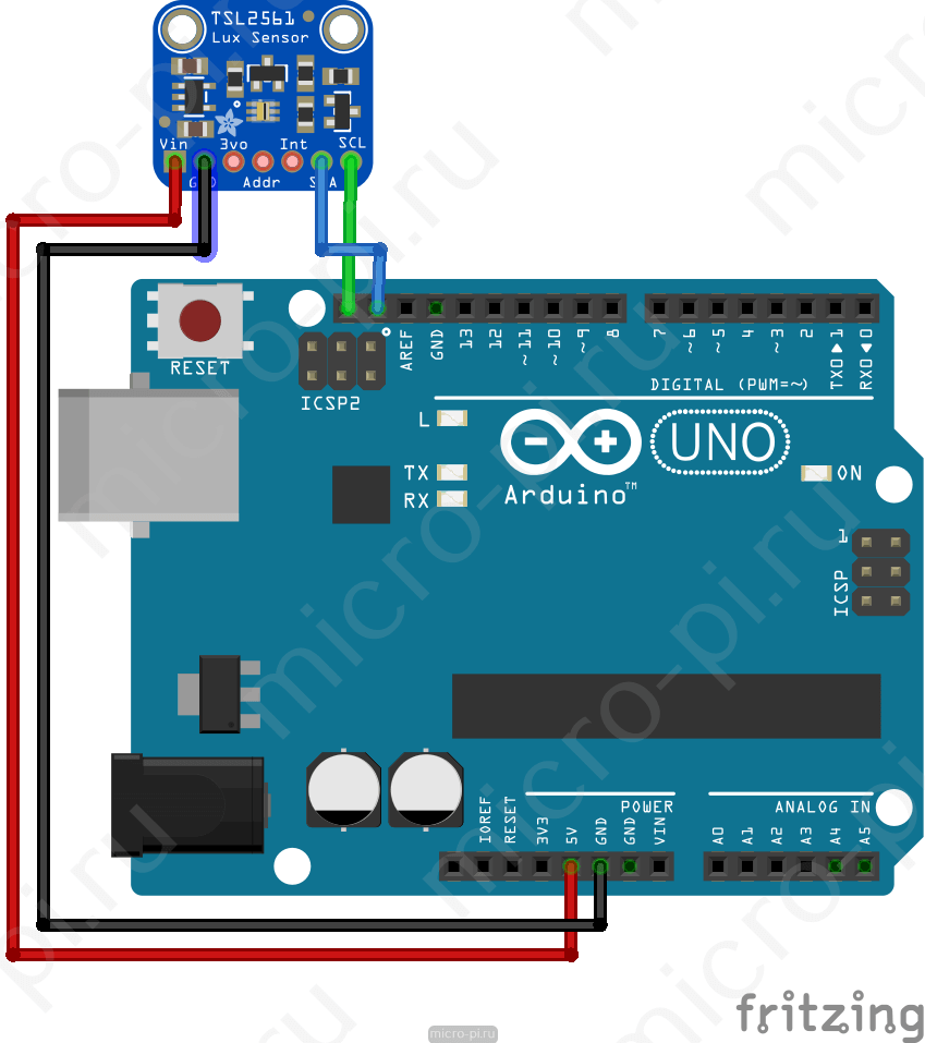 Схема подключения датчика освещенности TSL2561 к Arduino по I2C